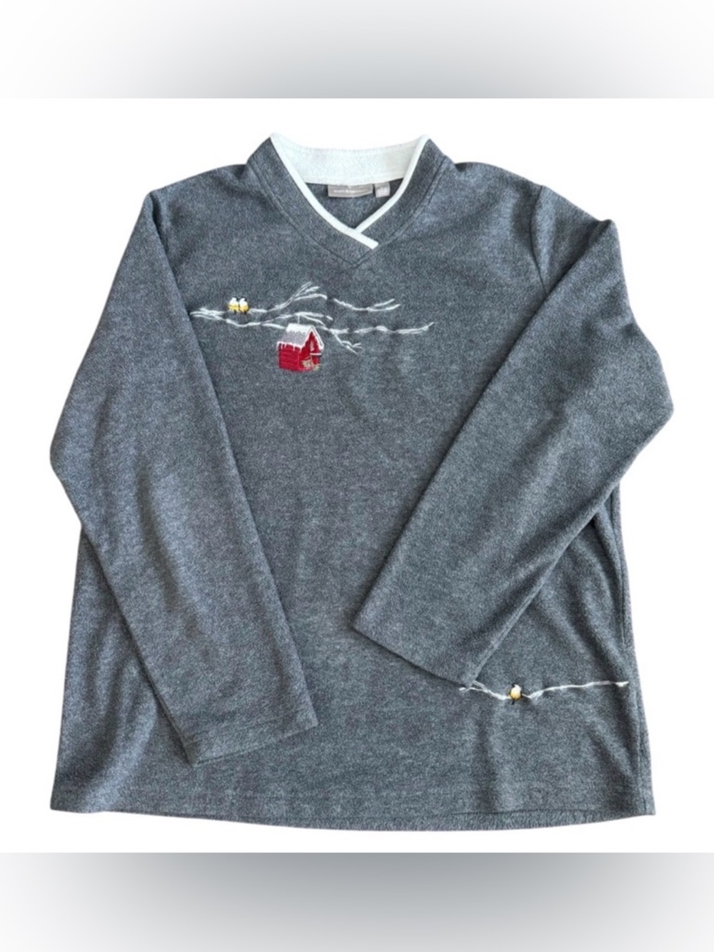 Croft & Barrow Winter Scene Sweater Gray Bird Cabin Embroidered Women L